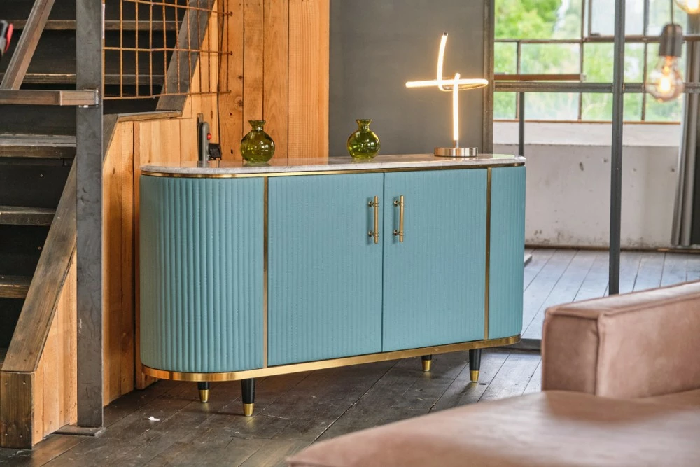 KAWOLA Sideboard MARIA Marmorplatte - Gold - Hellblau – Bild 2