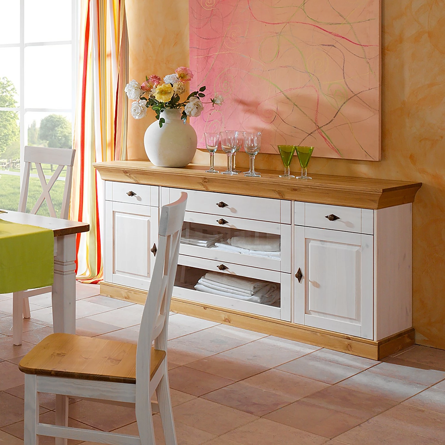 Maison Belfort Sideboard Bergen II - Kiefer massiv - Kiefer Weiß / Kiefer Laugenfarbig – Bild 2