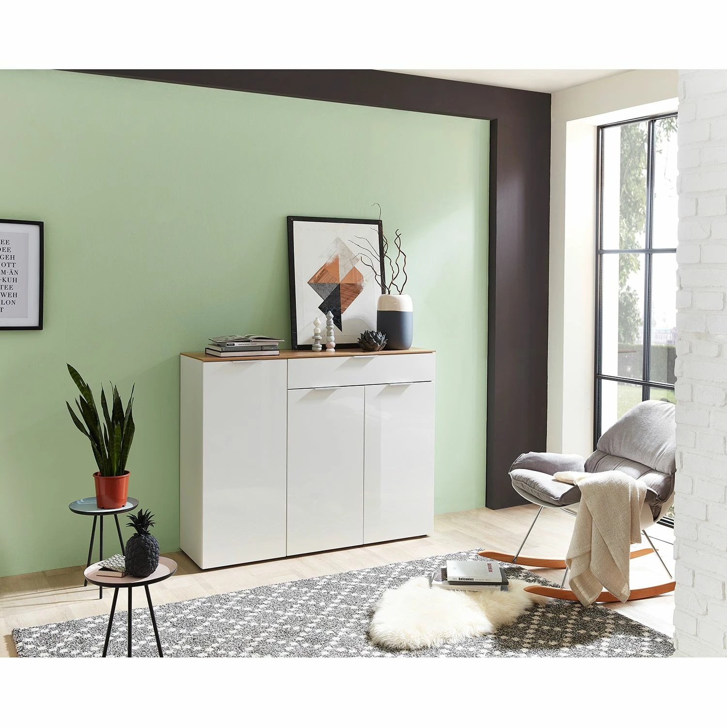 Germania Sideboard Cetano - Hochglanz Weiß / Eiche Navarra Dekor - Breite: 134 cm – Bild 2
