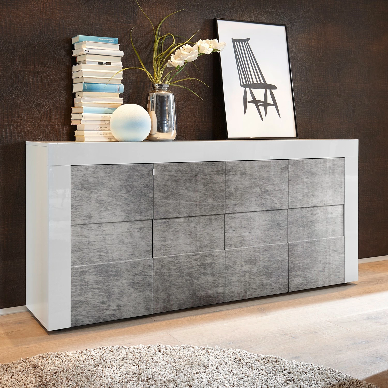 LC Spa Sideboard Easy III - Hochglanz Weiß / Beton Dekor – Bild 2
