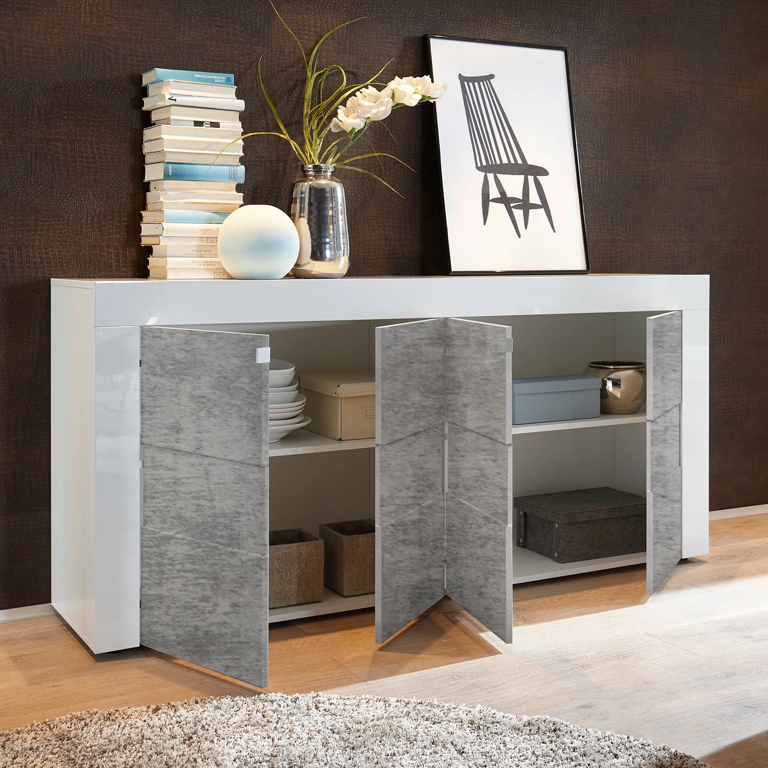 LC Spa Sideboard Easy III - Hochglanz Weiß / Beton Dekor – Bild 3
