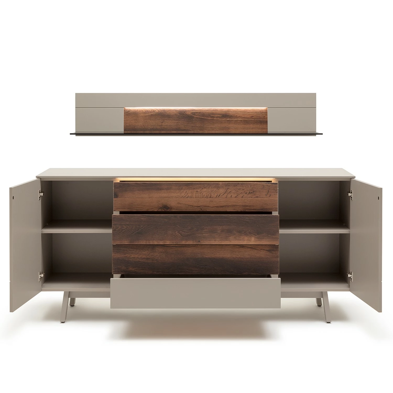 GWINNER Sideboard Misano II (2-teilig) - Inkl. Beleuchtung - Echtholzfurnier - Saharagrau / Balkeneiche – Bild 3