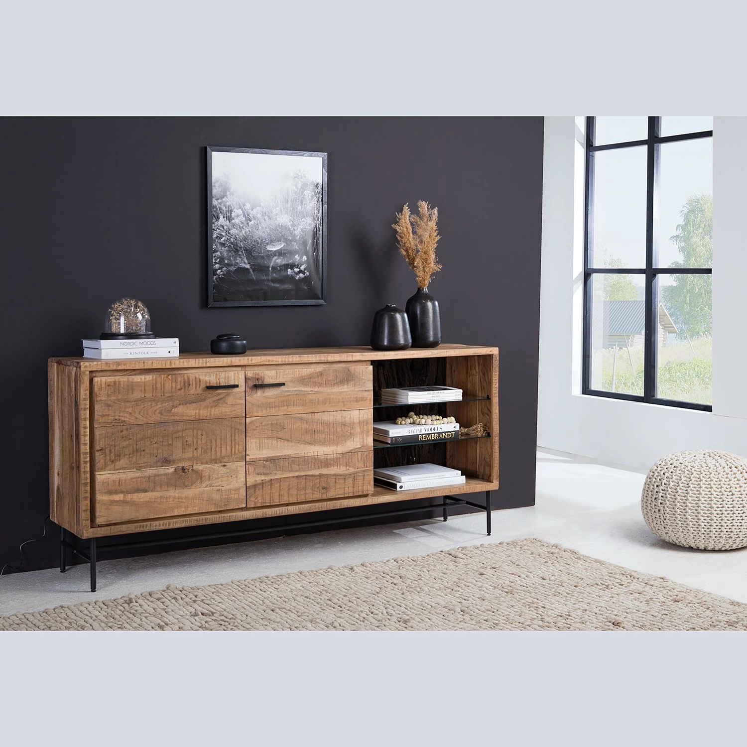 Ars Natura Sideboard Roody - Inkl. Beleuchtung - Akazie massiv / Metall - Akazie / Schwarz – Bild 2