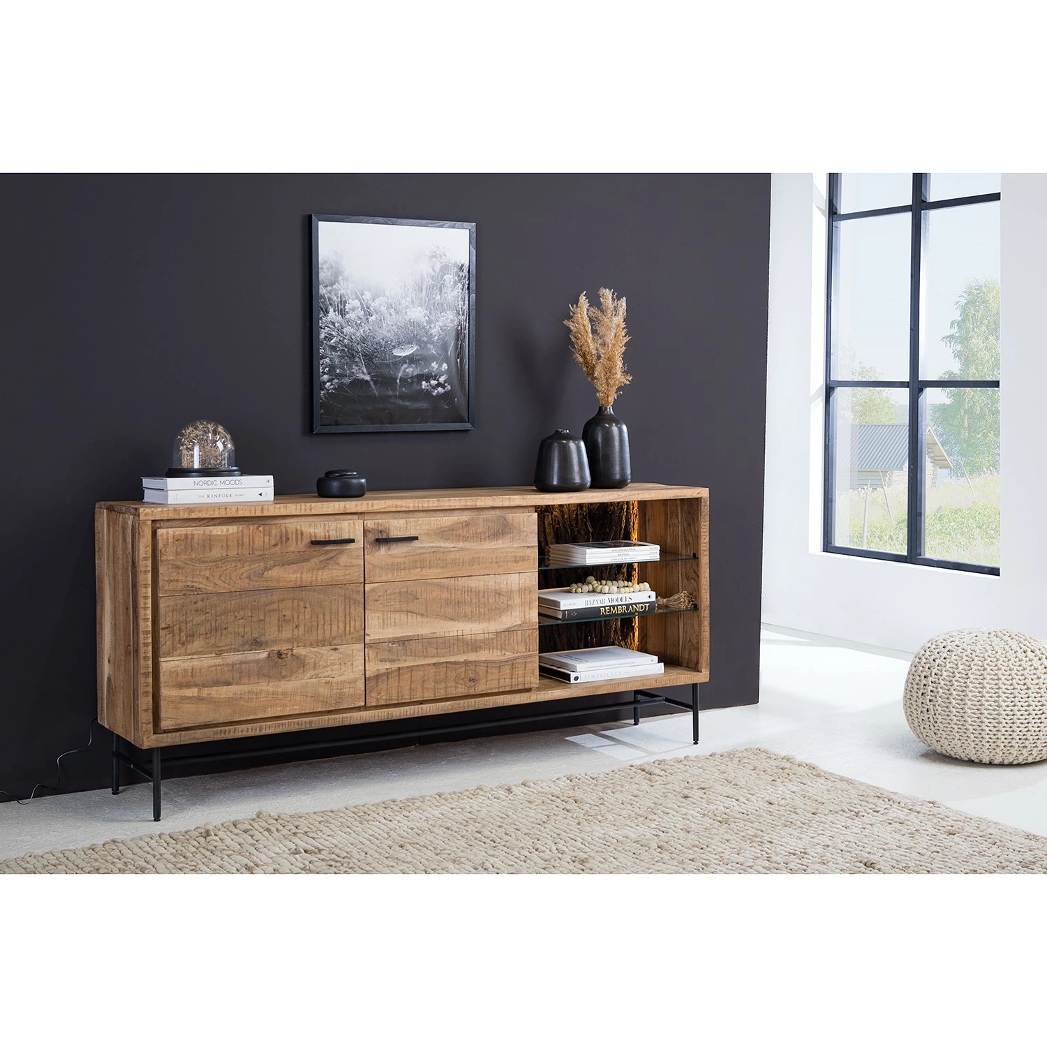 Ars Natura Sideboard Roody - Inkl. Beleuchtung - Akazie massiv / Metall - Akazie / Schwarz – Bild 3