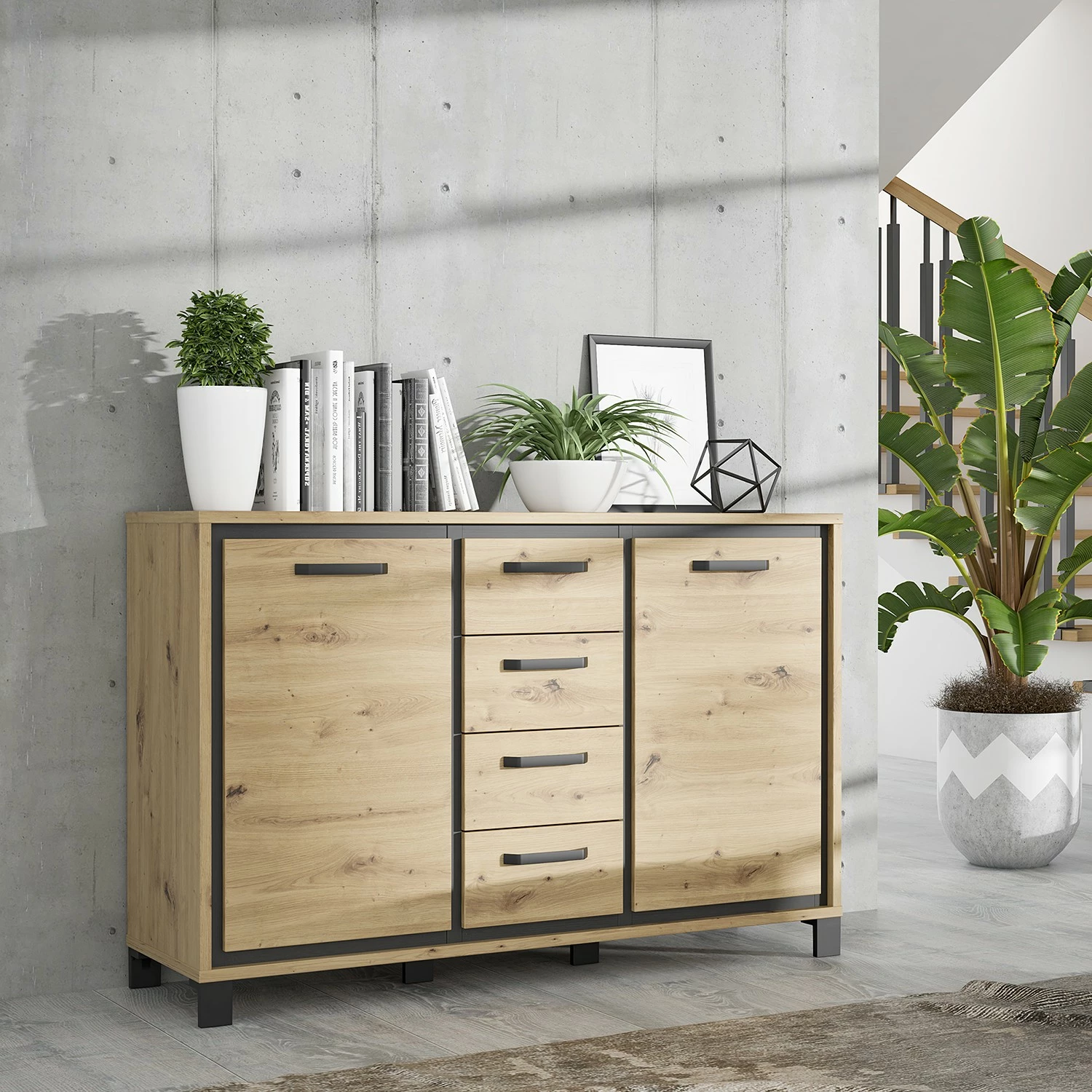 Red Living Sideboard Egan III - Eiche Artisan Dekor / Eiche Schwarz Dekor – Bild 2