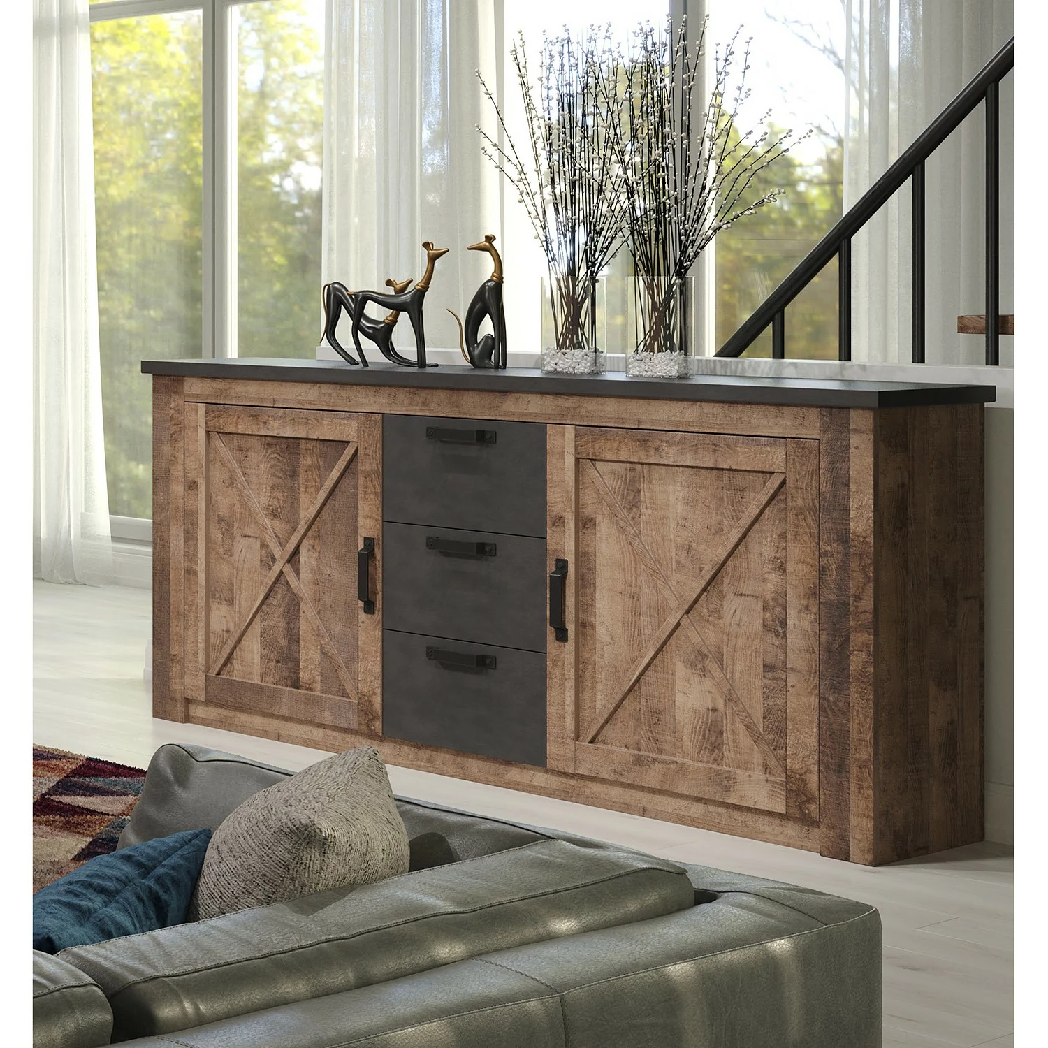 Trendteam Sideboard Georgia - Dunkelgrau / Eiche Rustikal Dekor – Bild 2