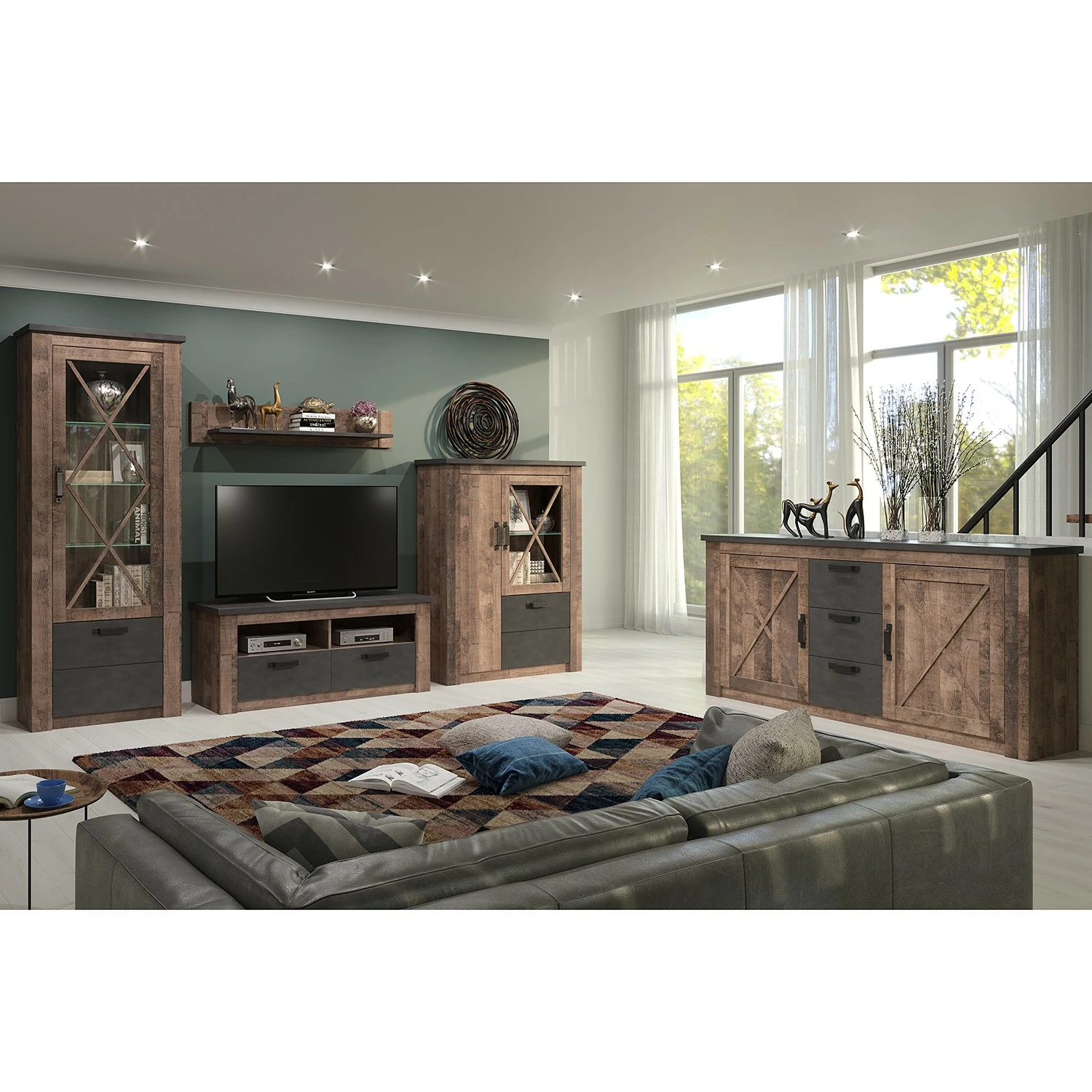 Trendteam Sideboard Georgia - Dunkelgrau / Eiche Rustikal Dekor – Bild 3