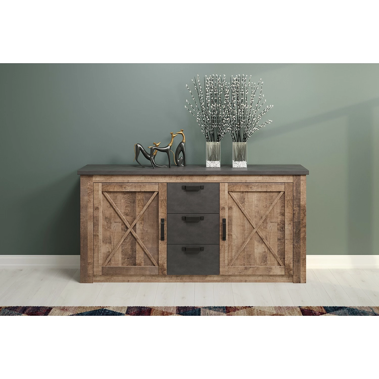 Trendteam Sideboard Georgia - Dunkelgrau / Eiche Rustikal Dekor – Bild 4