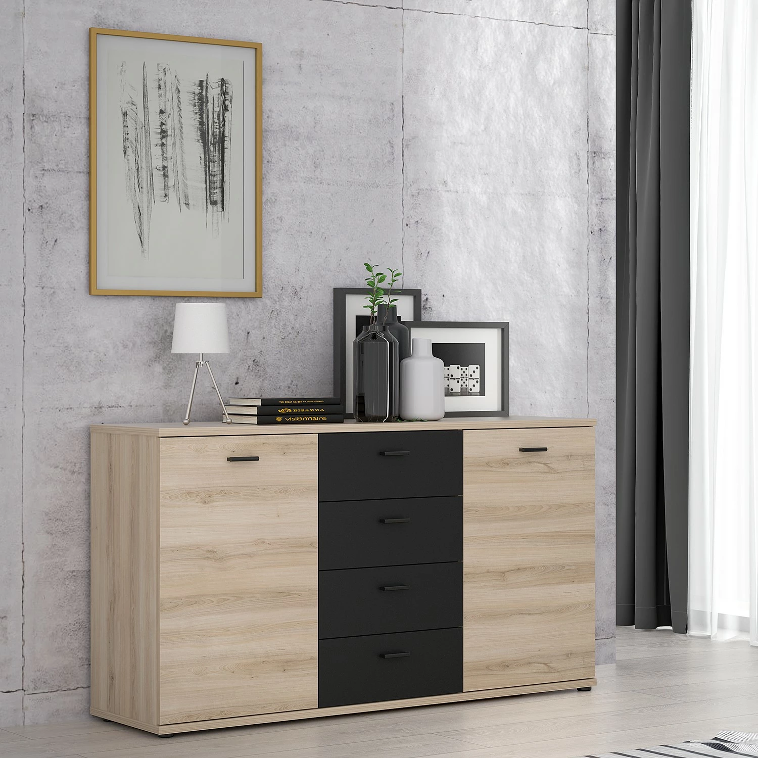 Loftscape Sideboard Piemont I - Schwarz / Eiche Bianco Dekor – Bild 2