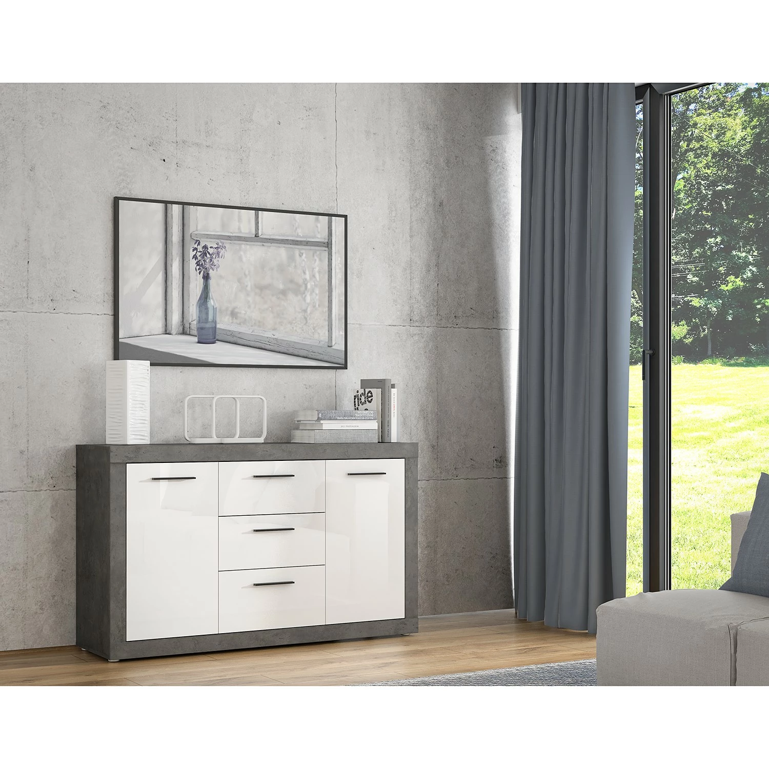 Loftscape Sideboard Vetras - Hochglanz Weiß / Beton Dekor – Bild 2